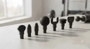 Close-up of various attachment heads included with a value massage gun for beginners for targeted muscle recovery.