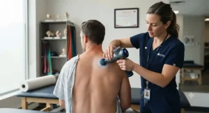 A licensed Canadian physiotherapist demonstrating how to use a cryotherapy percussion massager on a patient's back.