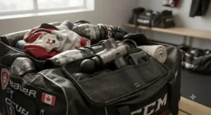 A compact Bluetooth massage gun packed inside a hockey equipment bag, ready for travel to away games across Canada.
