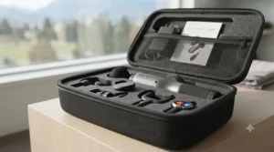 Travel-friendly carrying case containing a compact heat and cold massage gun for users on the go across Canada.