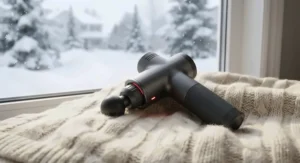 A portable heated massage gun sitting on a cozy blanket next to a window showing a snowy Canadian landscape.