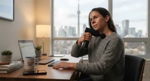 Compact low-noise massage gun being used discreetly at a home office desk in Toronto.