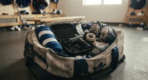 A portable massage gun packed alongside hockey gear for tournaments and road trips