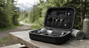A compact and portable massage gun under 100 CAD packed inside a travel case, ideal for fitness enthusiasts on the go in Canada.