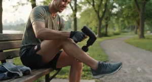 A person using a compact budget massage gun on their calf muscle after a morning run outdoors in a Canadian park.