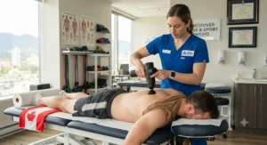 A physiotherapist demonstrating the quietest massage gun for physical therapists during a sports injury rehabilitation session.