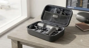 A compact smart massage gun neatly packed in a travel case, perfect for use on the move.