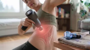 Step-by-step fitness graphic integrating a heat and cold therapy massage gun into a standard Canadian home gym cooldown routine.