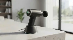 A quiet massage gun displayed with its digital battery indicator screen and charging dock.