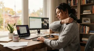 A Canadian remote worker using a quiet massage gun to relieve shoulder tension at a home desk.