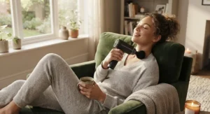 A person relaxing at home while enjoying the soothing benefits of a quiet massage gun.