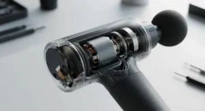 Close-up illustration highlighting the low-noise motor of a quiet massage gun.