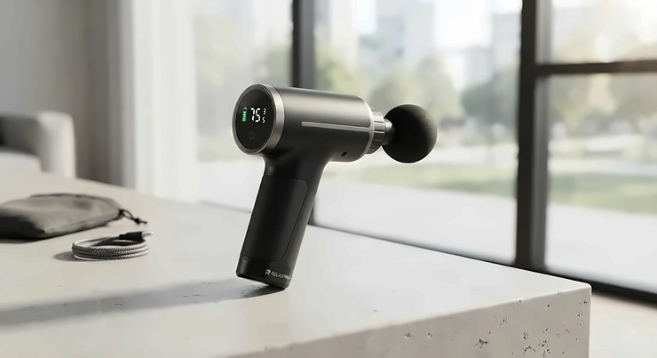 Illustration of a sleek quiet massage gun resting on a modern surface, showcasing its portable design.