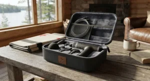 A compact quiet massage gun packed in a travel case, ideal for weekend trips to the cottage.