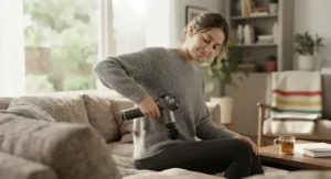 Woman relaxing at home while using a quiet-motor massage gun under 100 CAD on her lower back for pain relief.