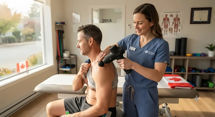 A Canadian physical therapist using the quietest massage gun to treat a patient in a professional clinic setting.