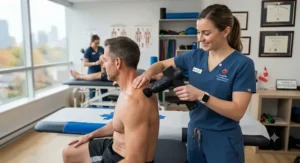 A relaxed patient receiving treatment with the quietest massage gun for physical therapists, emphasizing comfort and low noise.