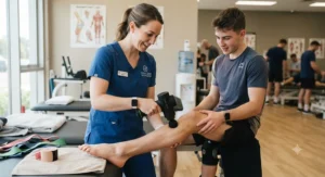 Close-up of a quietest massage gun for physical therapists showing adjustable speed settings for muscle recovery.