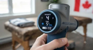 Digital LED screen on a rechargeable cryotherapy percussion massager showing speed and temperature levels.