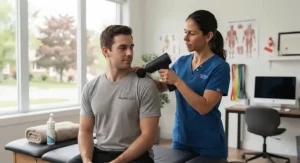 Long-lasting rechargeable low-noise massage gun charging on its dock, designed for daily Canadian routines.