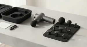 A smart massage gun laid out with its various interchangeable massage heads and attachments.