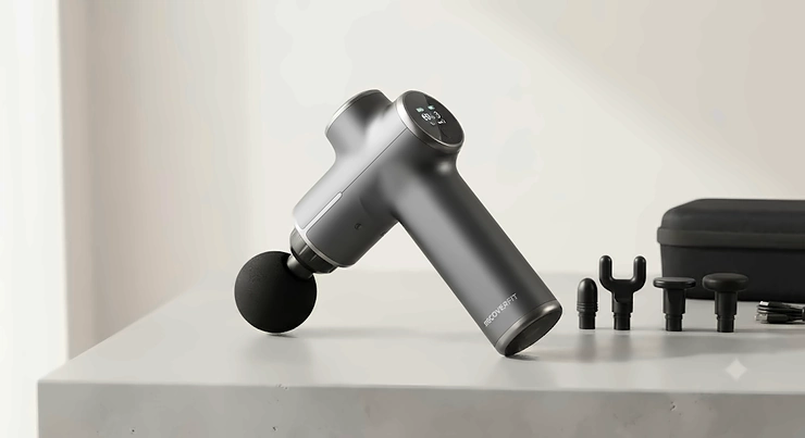 Sleek smart massage gun displayed on a clean background, ideal for muscle recovery.