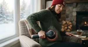 A warming percussion massager being used on the lower back to combat the effects of a chilly Canadian winter.
