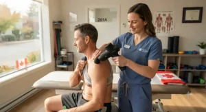 A professional setup featuring the quietest massage gun for physical therapists alongside standard physiotherapy assessment equipment.