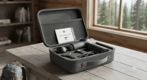 A compact travel case containing a value massage gun for beginners, ideal for active lifestyles.