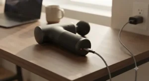 A budget-friendly wireless massage gun plugged into a USB-C charging cable on a wooden desk, showcasing convenience and value.