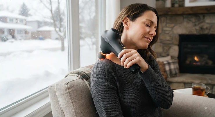 A person using a warming percussion massager to soothe sore muscles during a cold Canadian winter day.warming percussion massager for winter