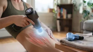 Illustration of a winter sports enthusiast in Canada using a portable heat and cold massage gun to warm up stiff muscles.
