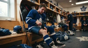 A youth hockey player safely using a percussion massage gun after a tough practice on the ice