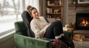 Illustration of a cozy living room scene featuring someone using a back massager with heat on a chilly day.