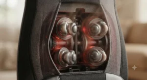 Close-up illustration highlighting the rotating massage nodes and soothing heat function of a back massager.