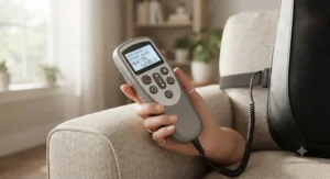 Illustration displaying the user-friendly remote control and heat settings of an electric back massager.