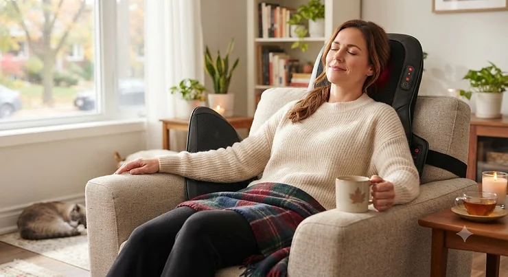 Illustration of a person relaxing comfortably while using a back massager with heat at home.