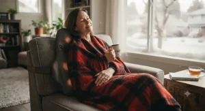 A cozy Canadian living room setting featuring a heat therapy back massager used to soothe winter back stiffness.