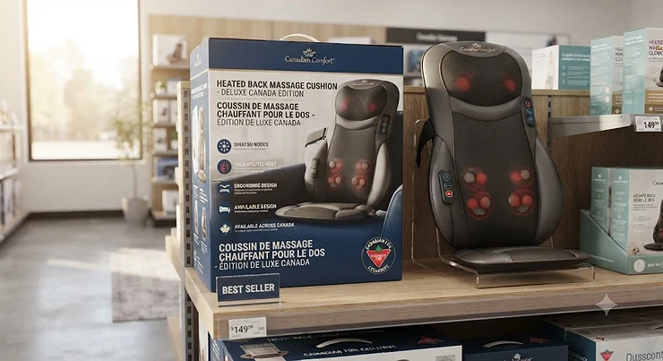A retail box and product display of the best-selling heated back massage cushion available for shoppers across Canada.