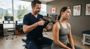A Canadian sports chiropractor using a high-end massage gun to treat an athlete's shoulder recovery.