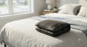 A lightweight and compact heated back massage cushion neatly folded on a bed, showcasing its portability for home and travel use.