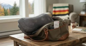 A compact and lightweight shiatsu back massager packed neatly in a travel bag for trips within Canada.