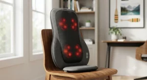 Portable cordless shiatsu back massager displayed on a wooden chair, ideal for home or office use across Canada.