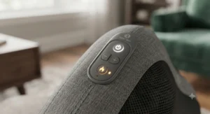 Close-up of the easy-to-use control panel on a deep tissue shiatsu back massager showing speed and heat settings.