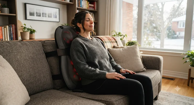 A person relaxing on a living room sofa in Canada while using a deep tissue shiatsu back massager on their lower back.