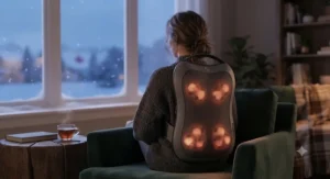A deep tissue shiatsu back massager glowing with soothing infrared heat during a winter evening in Canada.