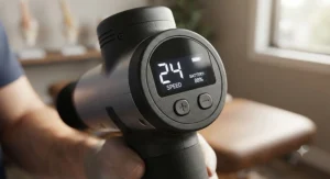 Close-up of the digital LED display and adjustable speed settings on a professional percussion device.