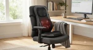 An ergonomic heated back massage cushion secured to an office chair in a home workspace setup, offering lower back support and soothing heat.