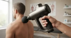 An ergonomic, clinical-grade massage gun for physiotherapy use showcasing its professional handle design.