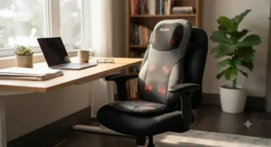 An ergonomic shiatsu kneading massage cushion for chair set up on a home office desk chair for workday back relief.